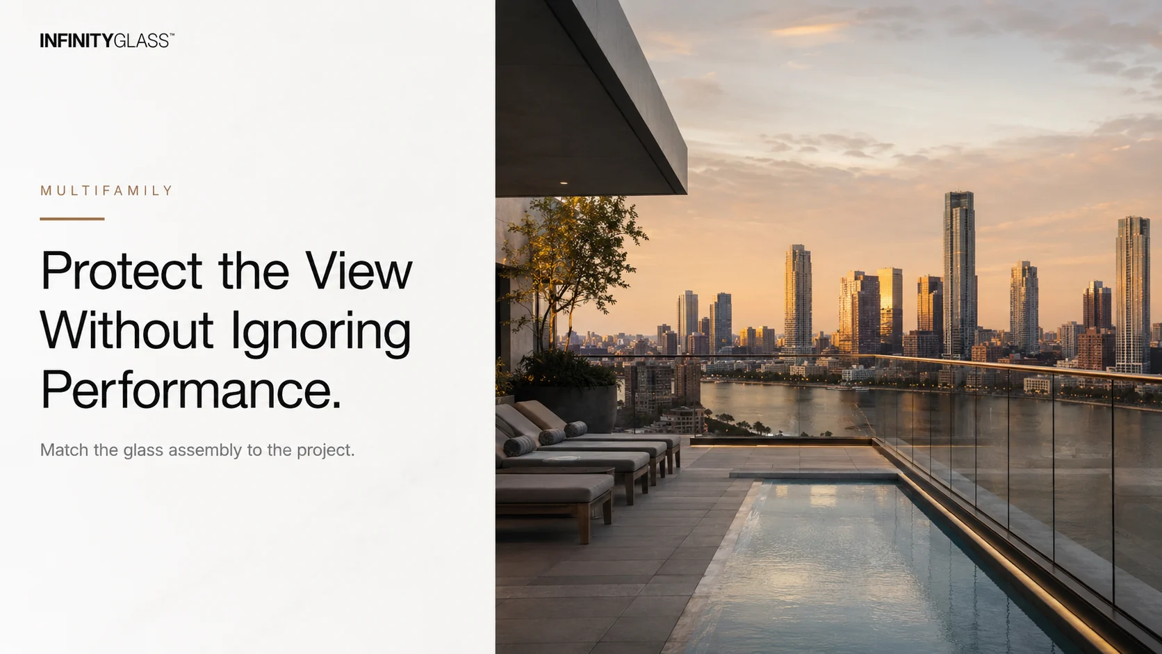 INFINITYGLASS balcony railing overlooking the skyline with Protect the View Without Ignoring Performance headline