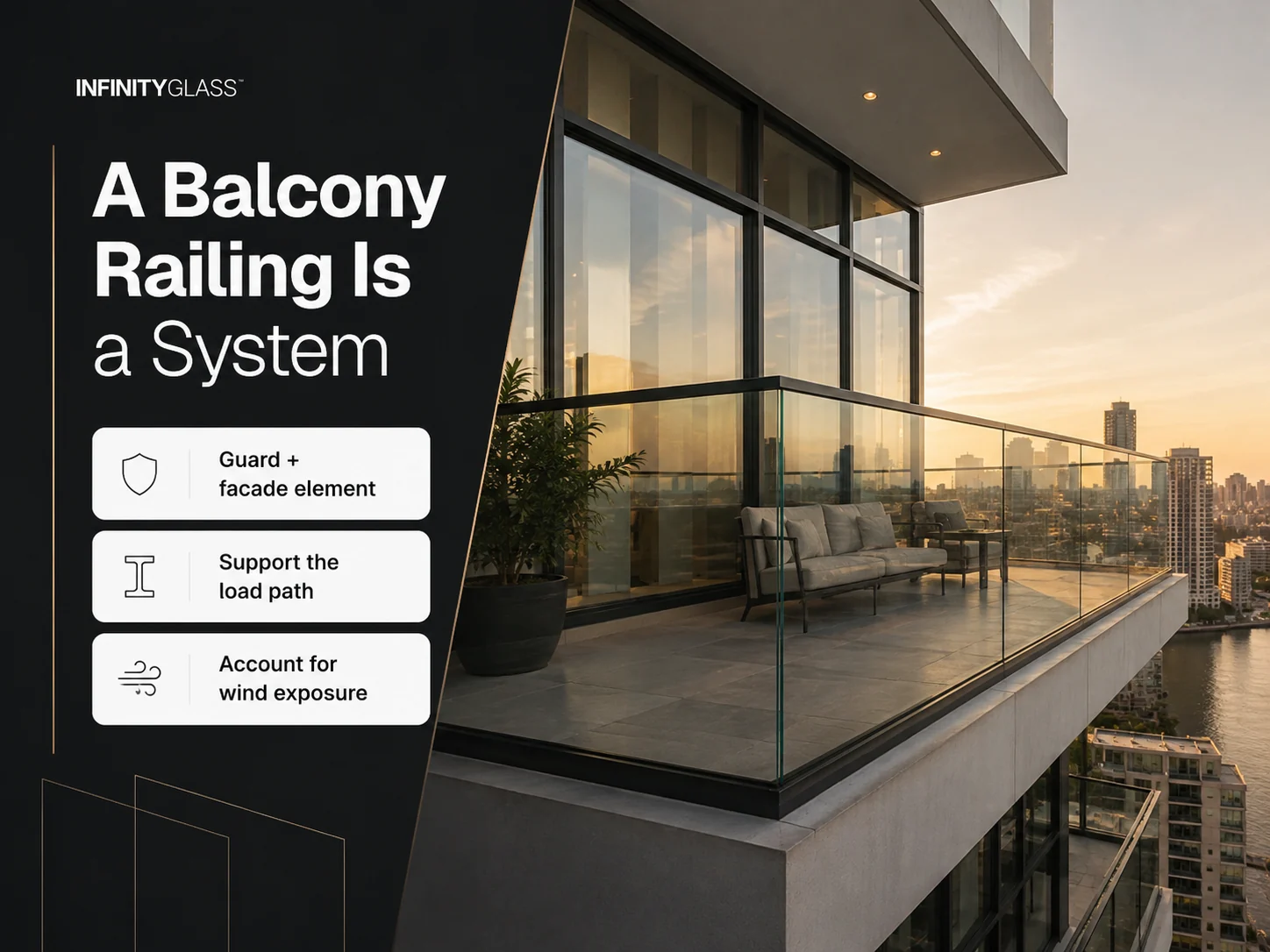 Diagram showing a glass balcony railing as a guard, load path, and wind-exposed facade element