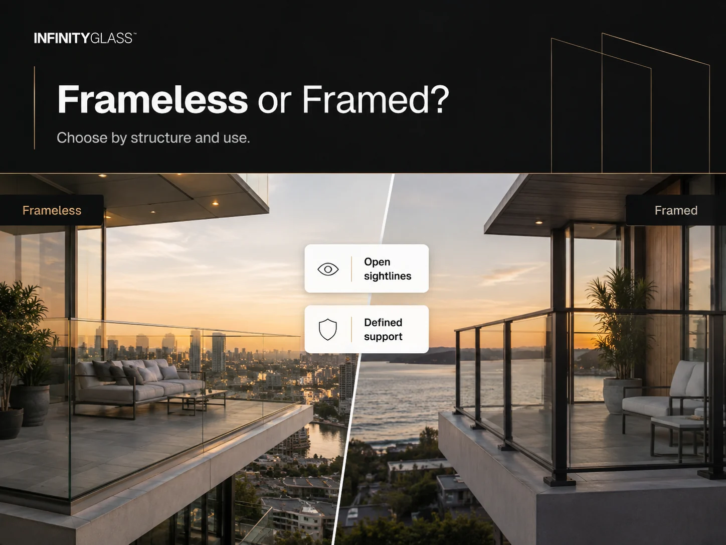 Side-by-side visual comparison of frameless and framed glass balcony railings