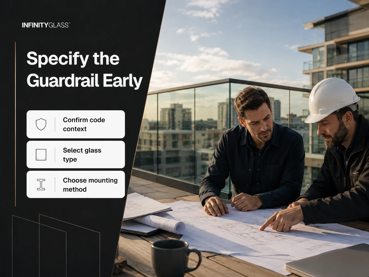 Architects coordinating glass selection, code, and mounting for a balcony guardrail