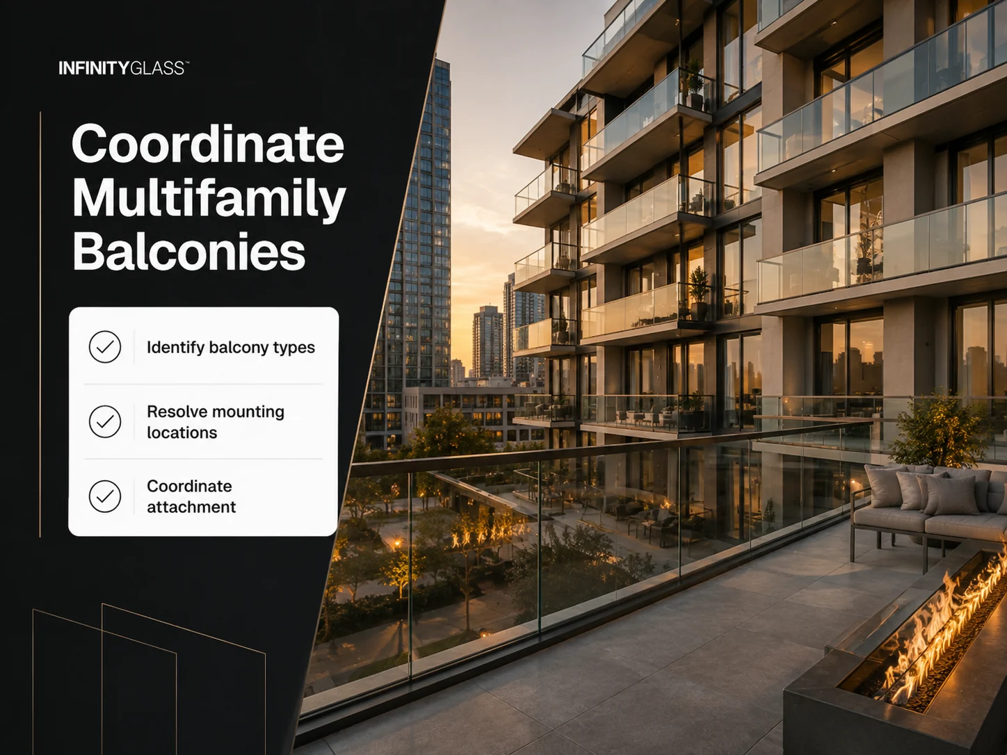 Multifamily balconies with a repeated glass railing design and attachment details