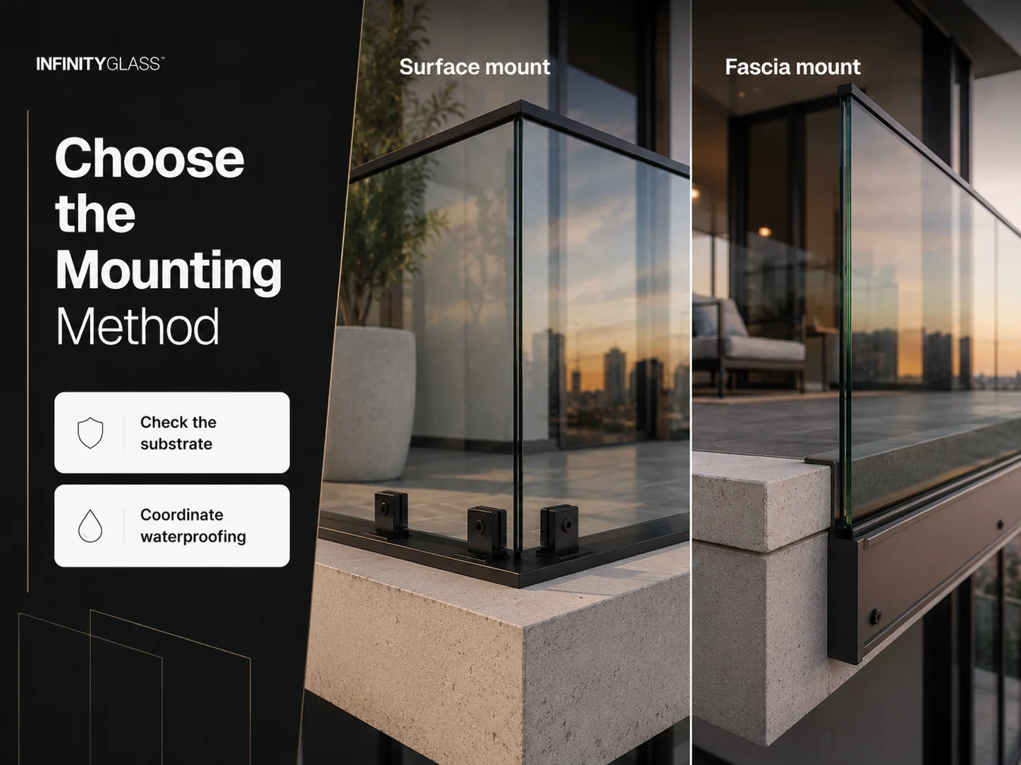 Surface-mounted and fascia-mounted glass balcony railing details compared