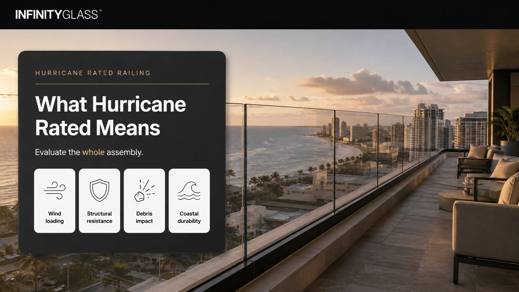 What hurricane rated glass railing means: wind loading, structural resistance, debris impact, and coastal durability