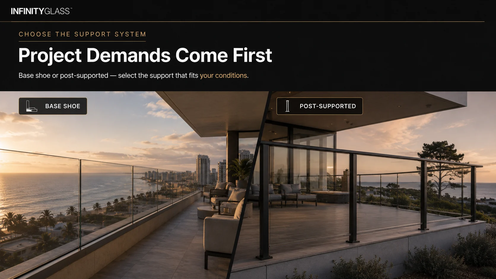 Side-by-side comparison of frameless base shoe and post-supported glass railing systems