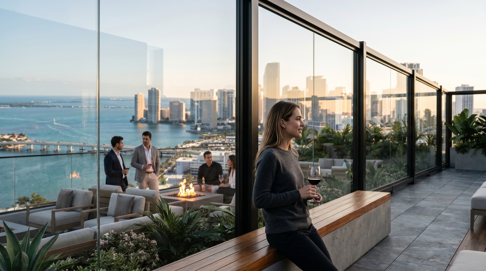 Modern rooftop terrace with full-height glass enclosure overlooking the skyline